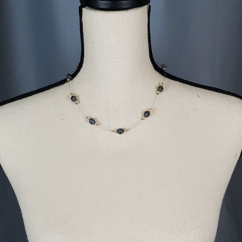 Necklace, wire chain with light blue and clear beads - Picture 2 of 3